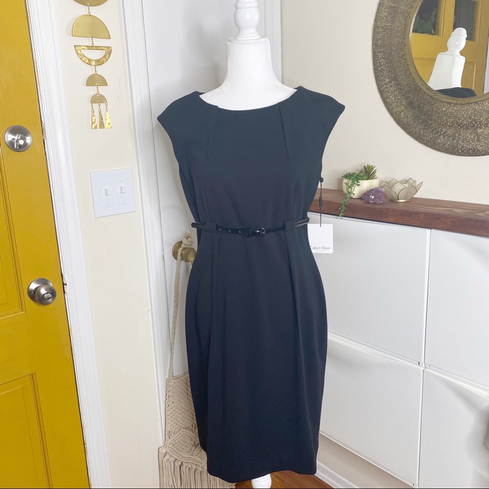 NWT Calvin Klein 8 Belted Cap Sleeve Pencil Dress